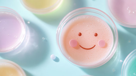 Colorful petri dishes with smile face design in a scientific laboratory setting.の素材