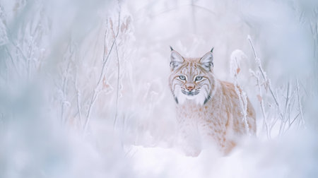 Lynx stealthily navigating snowy forest in crisp winter environment.の素材
