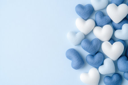 Collection of blue and white heart shaped objects on a light blue background displaying a calming and minimalist aesthetic.の素材