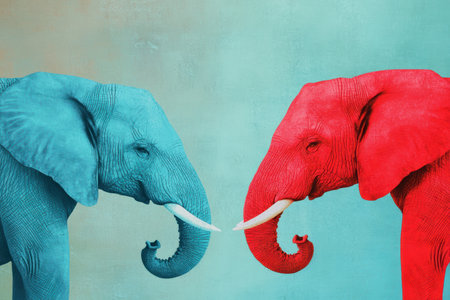 Blue and red elephants facing each other in a minimalist art against a textured background.の素材
