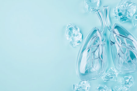 Transparent glass lungs with ice crystals on light blue background symbolizing fresh breath and purity.の素材