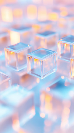 Abstract close up of glass cubes reflecting soft blue and orange light in a geometric pattern.の素材