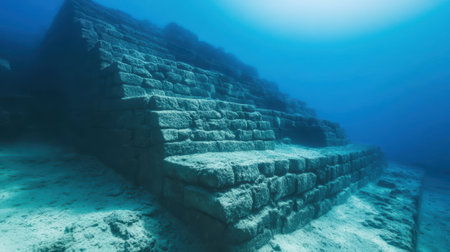 Ancient underwater stone pyramid mysterious ruins submerged in deep blue ocean.の素材