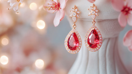 Elegant ruby teardrop earrings amidst cherry blossoms with soft bokeh and dazzling diamond accents.の素材