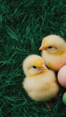 Adorable yellow chicks nestled on lush green grass beside colorful eggs in a peaceful spring setting.の素材