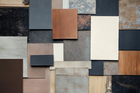 Geometric arrangement of various textured material samples in earthy shades for interior design inspiration.の素材