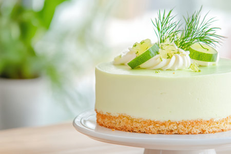 Delicious lime cheesecake garnished with fresh dill and lime slices on a cake stand in a bright kitchen setting.の素材