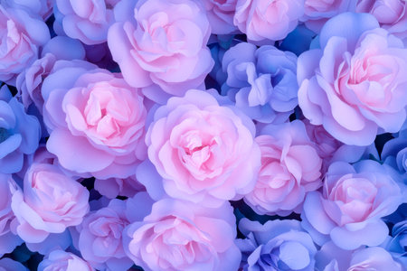 Vibrant pink and purple roses blooming in a beautiful floral arrangement.の素材