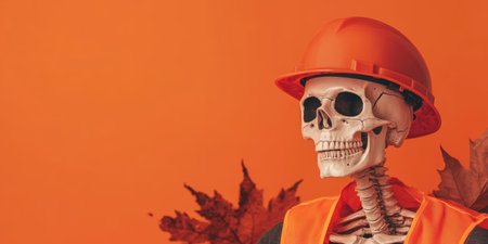 Skeleton in orange construction gear with autumn leaves in quirky seasonal concept.の素材