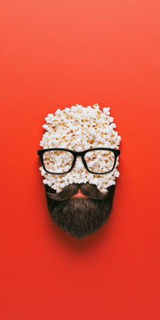Creative popcorn art unique face with popcorn hair and glasses against vibrant red background.の素材