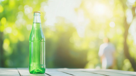 Green glass soda bottle on a wooden table outdoors with blurred sunny garden in the background.の素材