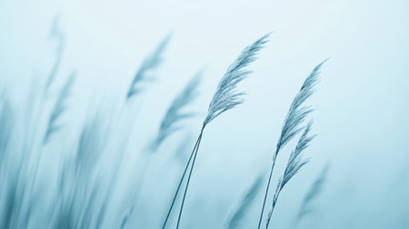 Delicate wispy grass blowing in gentle breeze against a soft blue sky background.の素材