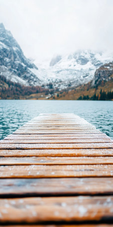 Serene Wooden Pier Overlooking Snow Capped Mountain Lake Landscape.の素材