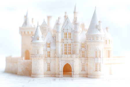 Detailed architectural model of an elegant castle with towers and arched entrances in soft light.の素材