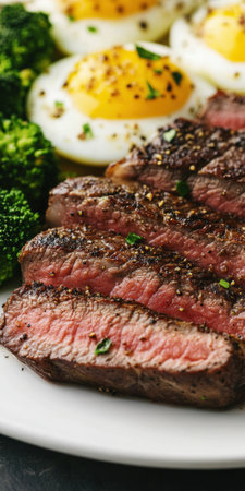 Juicy grilled steak with broccoli and eggs on a white plate culinary gourmet meal.の素材