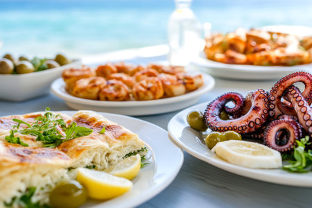 Mediterranean seafood feast with octopus, shrimp, and savory pastry by the ocean.の素材