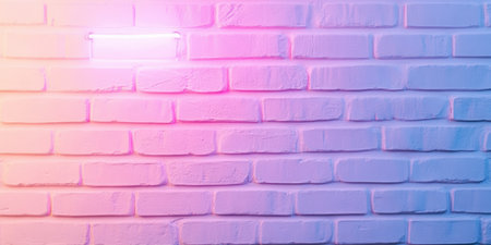 White brick wall illuminated with neon pink and purple lights creating a modern aesthetic ambiance.の素材