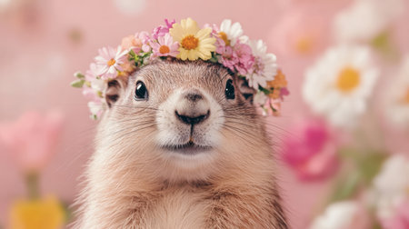 Adorable prairie dog wearing floral crown with cheerful pink and yellow flowers in soft pastel background.の素材