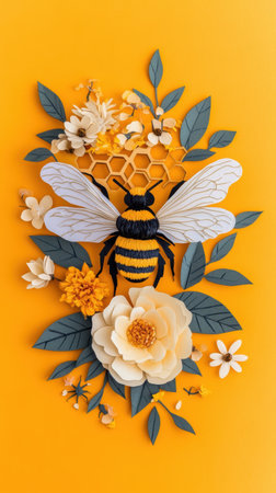 Intricate paper art of a bee with honeycomb and flowers displaying detailed craftsmanship.の素材