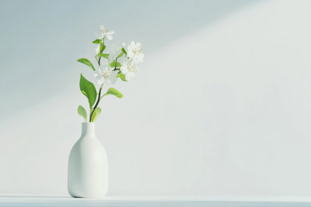 Minimalist white vase with blossoming branch against soft sunlit background.の素材
