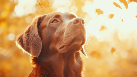 Golden retriever gazing at autumn leaves in warm sunlight, serene outdoor portrait.の素材