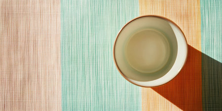Minimalist overhead view of a ceramic bowl casting shadow on a striped multi colored textile background.の素材