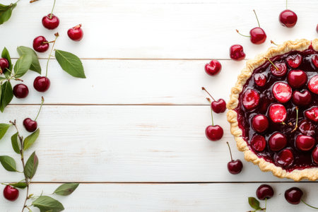 Cherry tart with fresh cherries on rustic wooden background.の素材