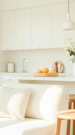 Minimalist white kitchen interior with fresh oranges and elegant lighting.の素材