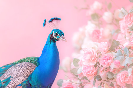 Vibrant peacock beside blooming pink roses in soft focus floral background elegant composition.の素材