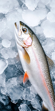 Fresh raw trout resting on ice surface in vibrant seafood market scene.の素材