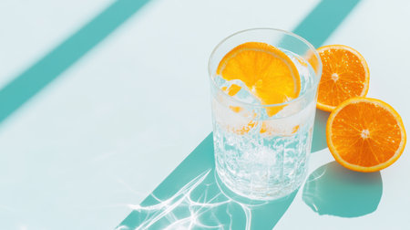 Refreshing glass of sparkling water with sliced orange on a sunlit light blue tabletop.の素材