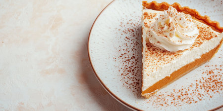 Delicious pumpkin pie slice with whipped cream and cinnamon sprinkled on a plate for autumn dessert.の素材