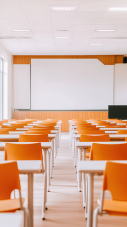 Empty orange seated classroom with projector screen and natural light from windows.の素材