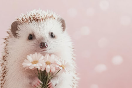 Adorable hedgehog holding daisies against soft pastel pink background for cute animal portrait .の素材