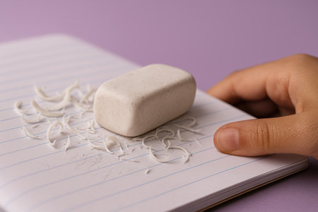 Hand erasing pencil marks with a white eraser on lined notebook paper against a pastel background, removing graphite residues.の素材