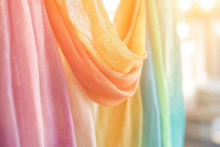 Colorful fabric drapes in sunlight creating a soft and elegant gradient spectrum for design inspiration.の素材
