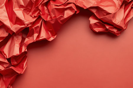 Red crumpled paper texture background in a minimalist composition.の素材