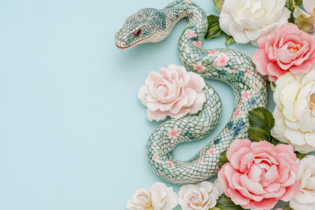 Elegant snake slithering among delicate pastel flowers on light blue background.の素材