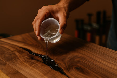 Male hand pouring clear epoxy resin into wooden crack, creating a smooth finish on dark wood surface for furniture restoration.の素材