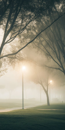 Misty morning park with tall trees and glowing streetlights serene landscape atmospheric tranquility.の素材