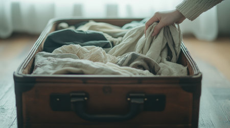 Hand packing vintage suitcase with cozy clothing for a winter trip, featuring warm fabrics and a classic travel aesthetic.の素材