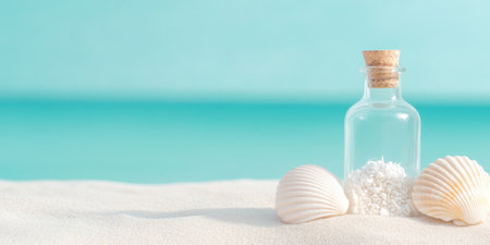 Glass bottle with seashells and sea salt on sandy beach with turquoise ocean horizon under clear sky.の素材