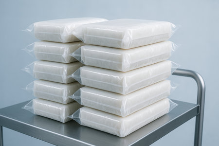 Neatly stacked blocks of vacuum sealed tofu arranged in two columns on a stainless steel table in a clean environment.の素材