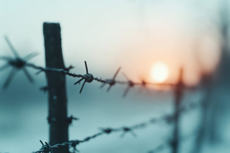 Barbed wire fence silhouetted against a peaceful winter sunset in a frosty landscape.の素材
