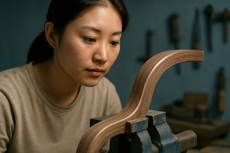 Focused young craftswoman shaping curved wooden piece with precision in a workshop, demonstrating concentration and skilled woodworking.の素材