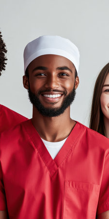 Smiling young healthcare worker in bright red scrubs and white cap standing indoors with colleagues, showing confidence and positivity.の素材