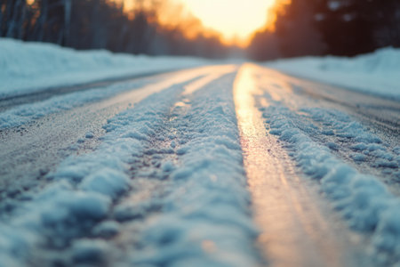 Winter sunrise illuminating icy snow covered road tranquil morning landscape.の素材