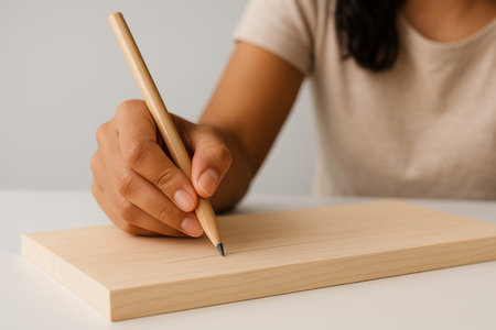 Close up of a person writing on wooden board with pencil, practicing handwriting skills on light surface in minimal workspace.の素材