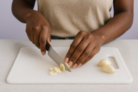 Close up of woman's hands slicing fresh garlic cloves on white cutting board in modern kitchen for healthy meal preparation.の素材