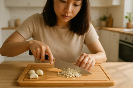 Young woman chopping fresh garlic cloves on a wooden cutting board in a bright, modern kitchen for meal preparation.の素材